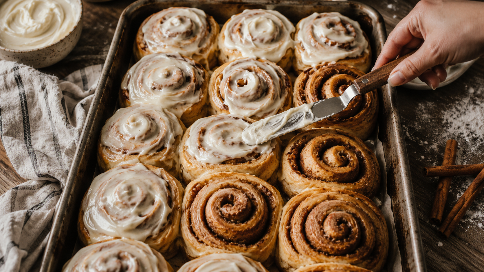 Tray of fresh-baked cinnamon rolls